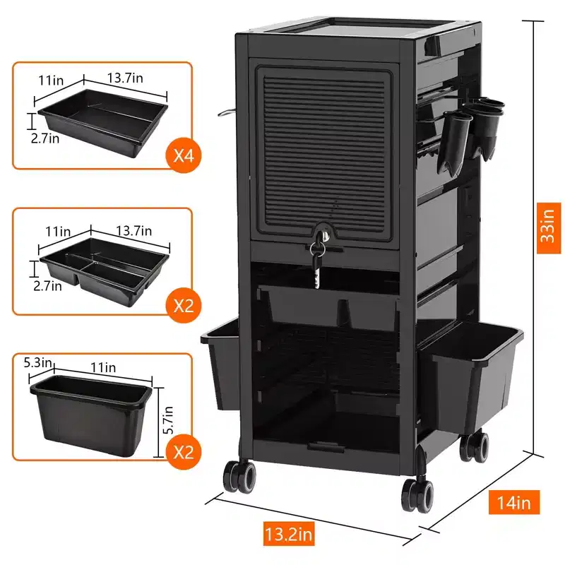 Multi-Function Rolling Storage Cart with 6 Trays, 3 Holders, Lockable Drawers with Keys, for Beauty and Hairdressing Tools, Enhanced Capacity