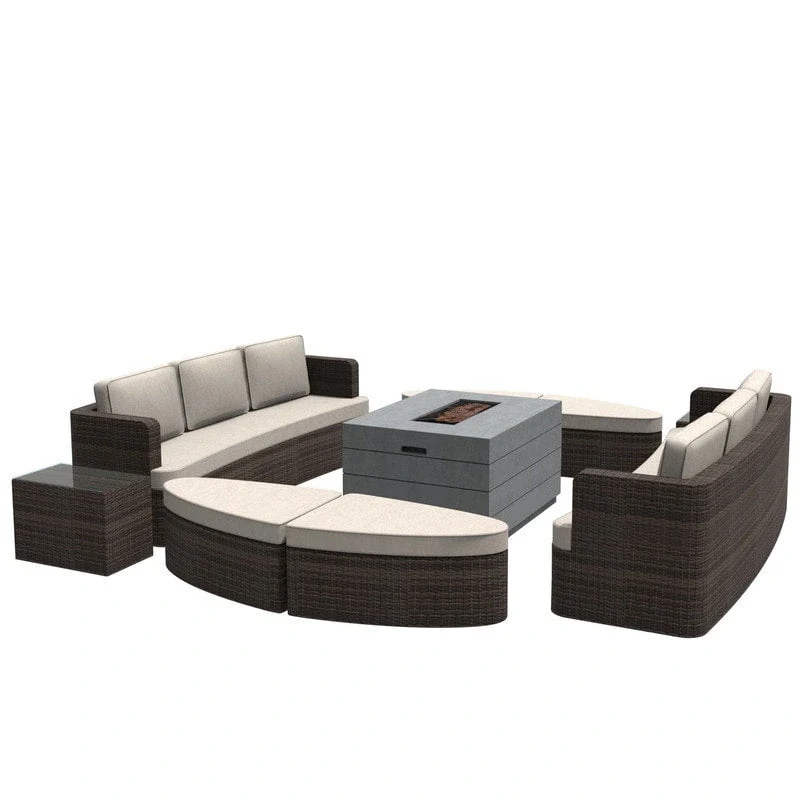 9-piece Patio Wicker Daybed Set with Concrete Fire Pit Table