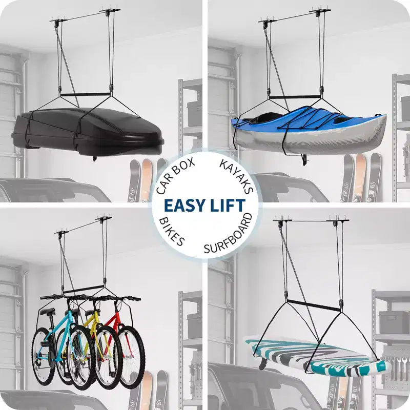 Heavy Duty Ceiling Hoist 150lb Capacity for Cargo Boxes, 8-10ft Ceilings, Overhead Storage with Adjustable Straps, 20m Ropes, Dual Pulley