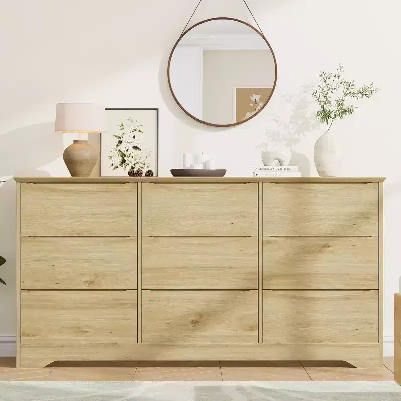 Tall Wooden Dresser with 9 Drawers, Modern Storage Chest with Deep Drawers and Wide Top, Large Organizer for Bedroom, Living Room, or Closet