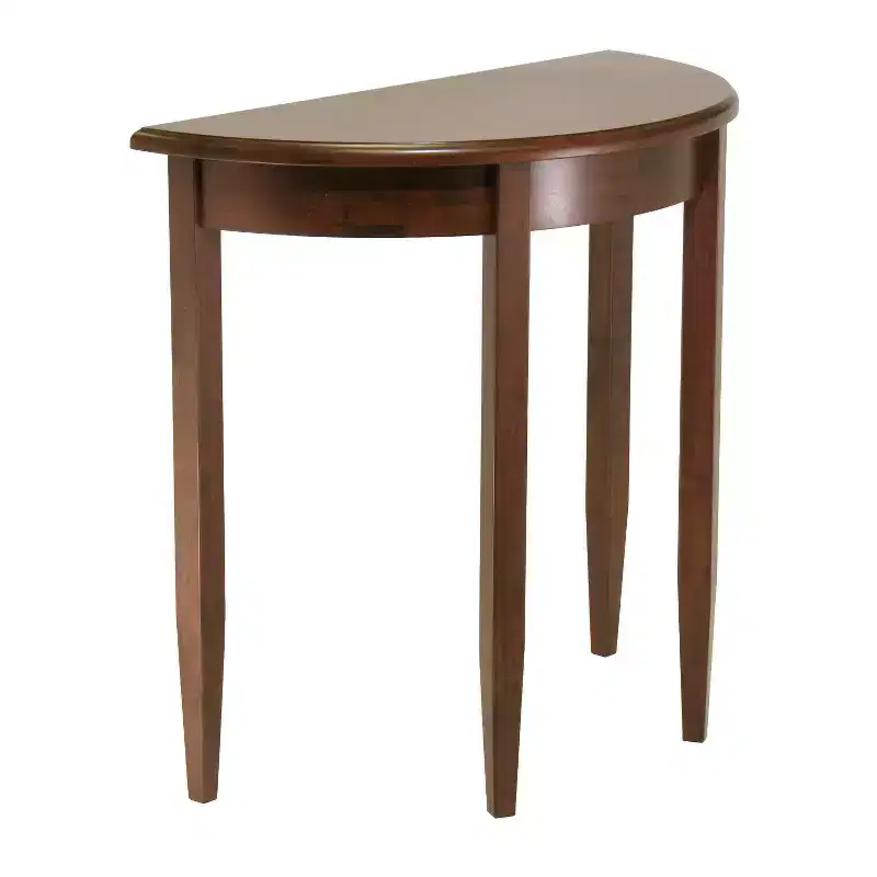 Half Moon Accent Table: Antique Walnut, Tapered Legs, Space-Saving Design