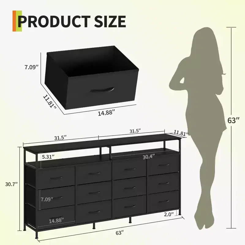 63 Inches Fabric Dresser TV Stand for Bedroom - 12 Drawer Long Dresser for Living Room - Black Chest of Drawers with Open Shelves