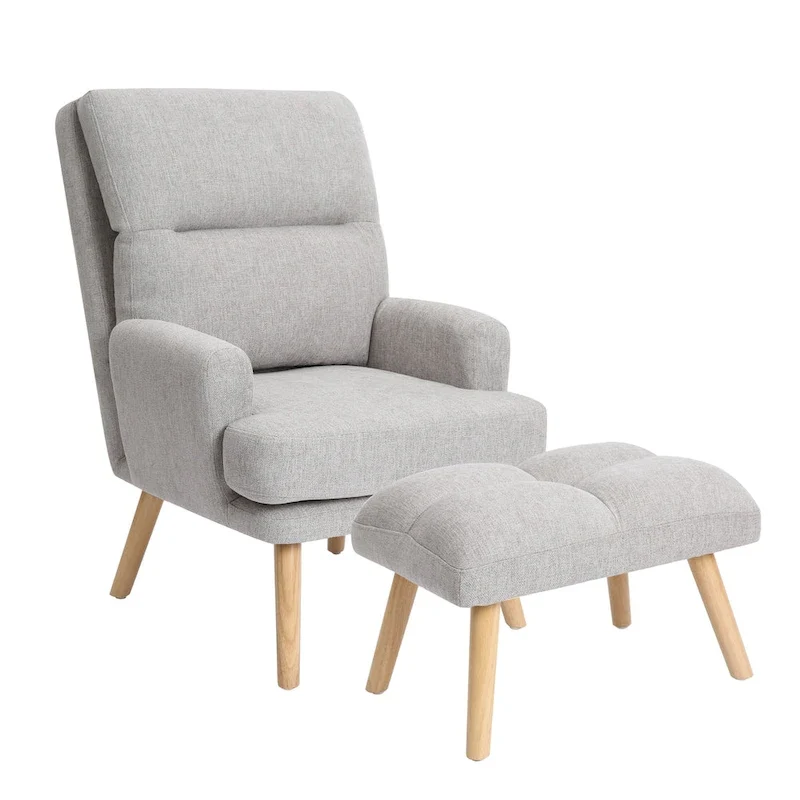 Accent Chair with Ottoman Set, Fabric Armchair with Wood Legs and Adjustable Backrest , Mid Century Modern Comfy Lounge Chair