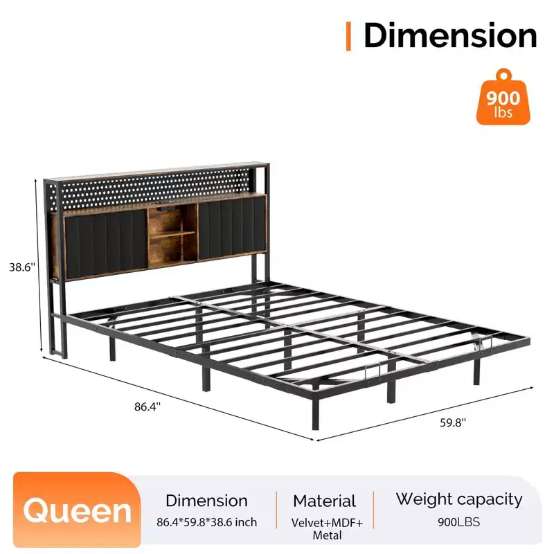 VINGLI Floating Bed Frame with LED Lights, Charging Station, Hidden Storage & Velvet Headboard. No Box Spring Needed, Easy Assembly