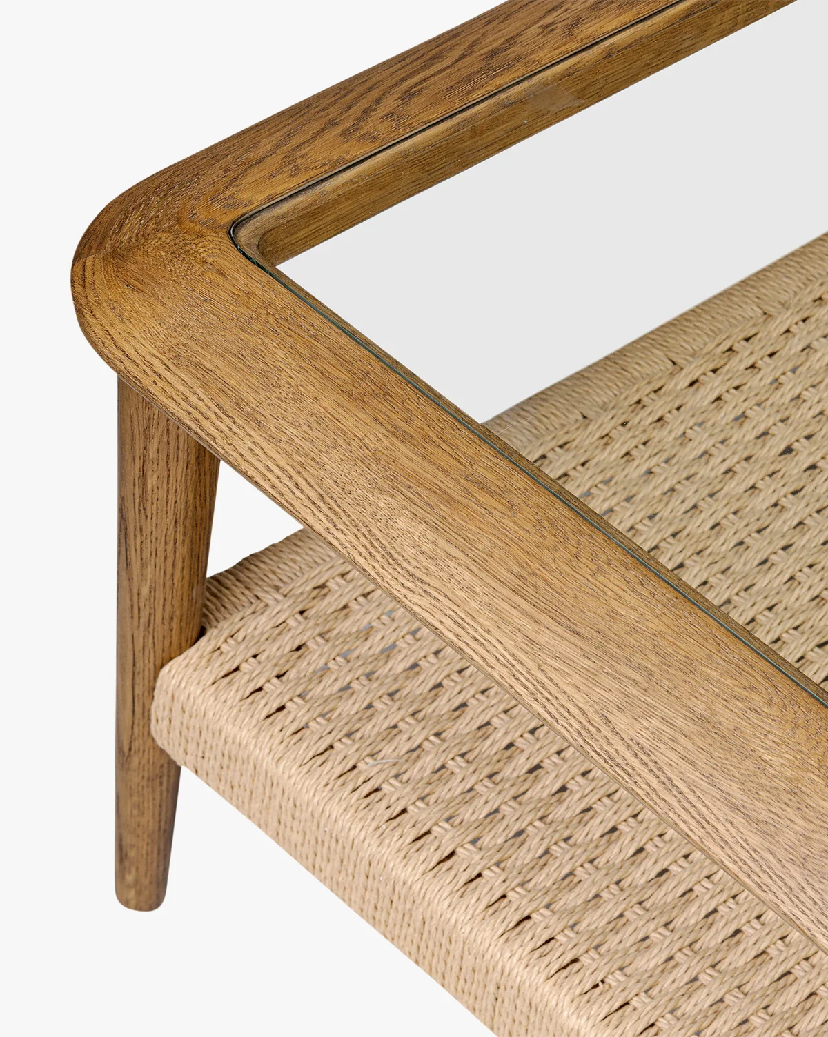 Organic Glass & Oak Coffee Table with Handwoven Jute Shelf for Living Room