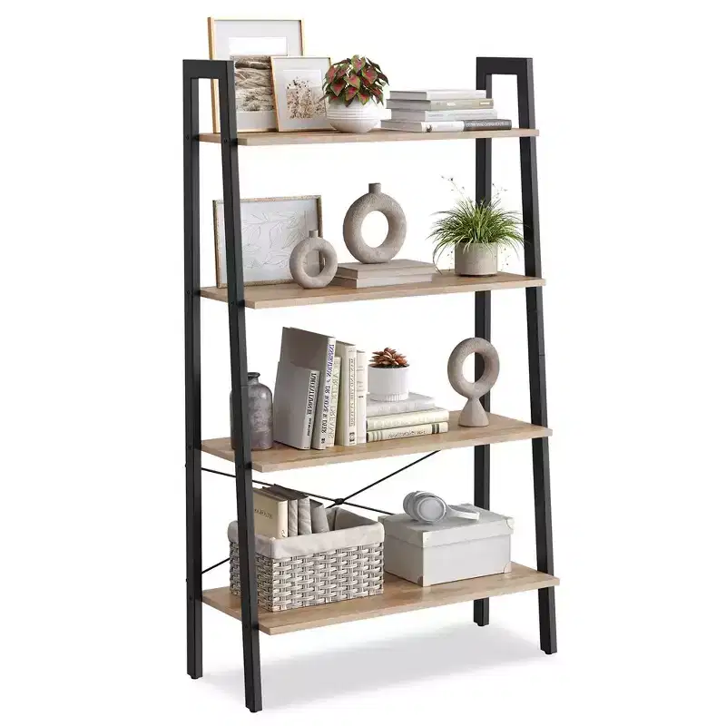4-Tier Industrial Ladder Shelf Bookcase with Steel Frame - Camel Brown & Black