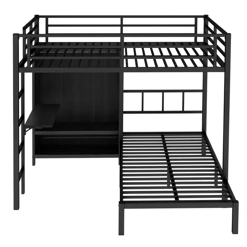 Bellemave Full XL Over Twin Metal Bunk Bed with Folding Desk, Closet with LED ,Space-Saving/Noise Reduced, Black
