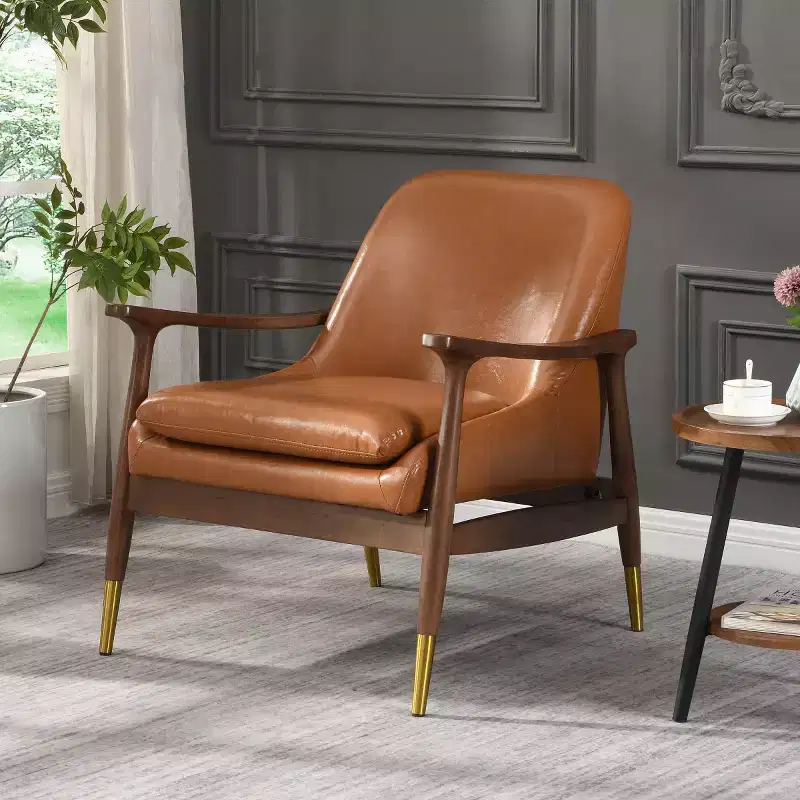 Mid-Century Faux Leather Accent Chair with Brass-Tipped Feet, Luxurious Side Chair for Living Room, Bedroom, or Apartment-Panipeachy