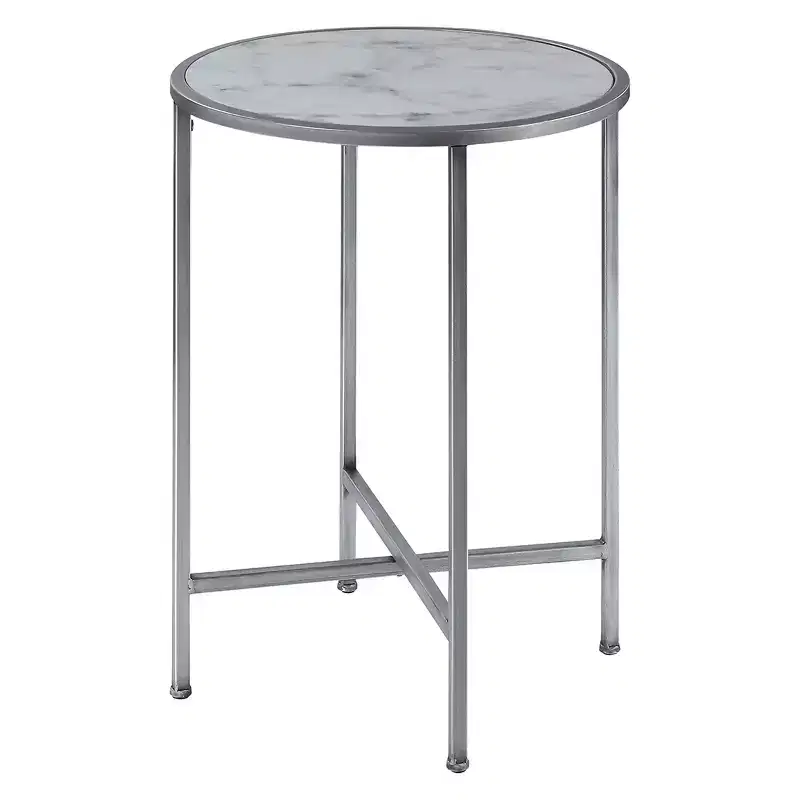 Faux Marble Round End Table, Silver Metal Frame, 24.5