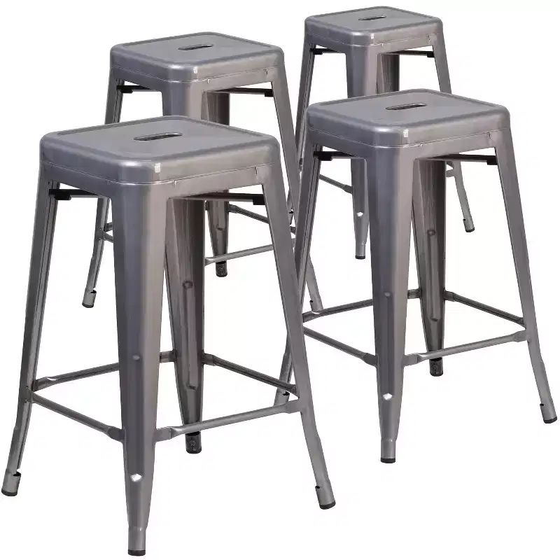 Emma and Oliver 4 Pack 24H Backless Clear Coated Metal Indoor Counter Height Stool w/ Square Seat