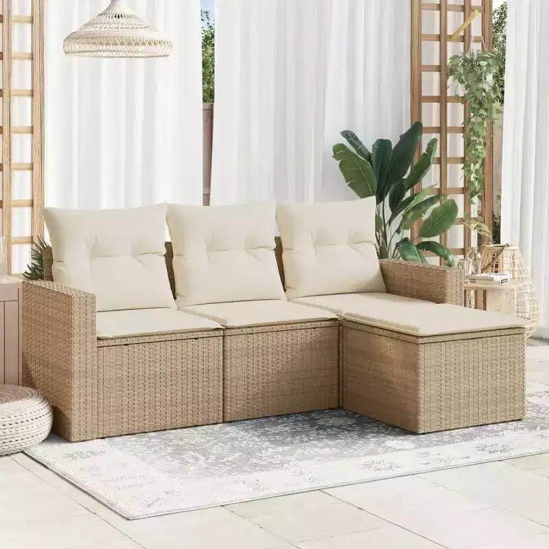 vidaXL Patio Sofa Set with Cushions Outdoor Furniture Poly Rattan, 4 Piece Modular Sectional