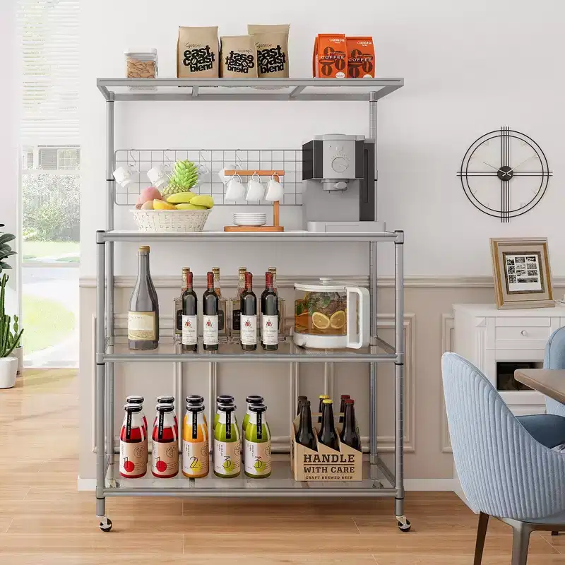 4-Tier Coffee Bar Table with Adjustable Shelves, S Hooks, Hanging Net & Shelf Liner – Silver