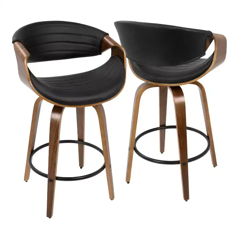 Set of 2 Symphony Mid Century Modern Counter Height Barstool Faux Leather Walnut/Black - LumiSource: Swivel, Wood & Metal Frame, 250lb Capacity