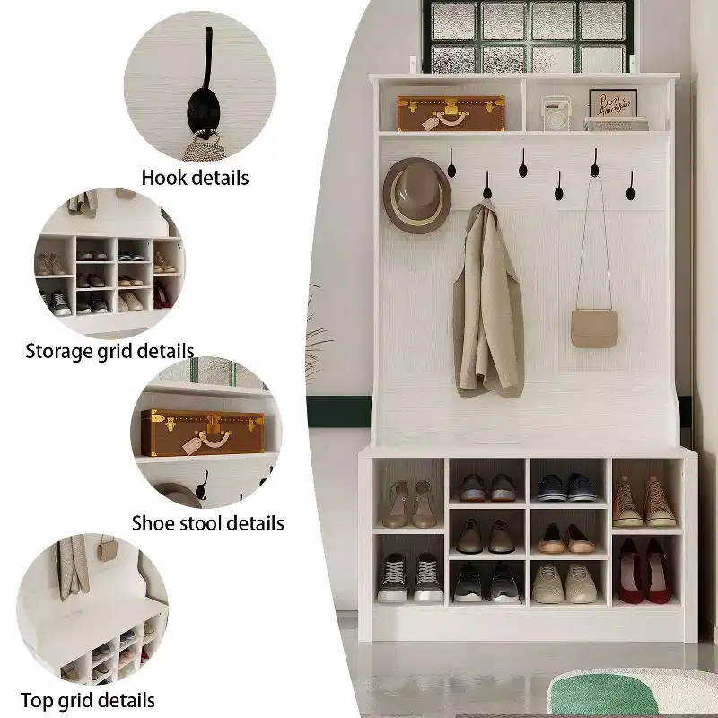 Famapy Wood 3-in-1 Hall Tree Bench with Double Hooks and Shelves