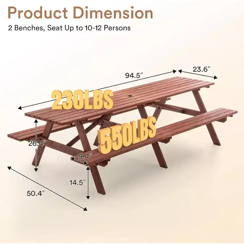 Zevemomo 10-12 Person Outdoor Wood Picnic Table Set with Umbrella Hole, 2 Built-in Long Benches, 95-Inch, for Gardens, Yards, Brown