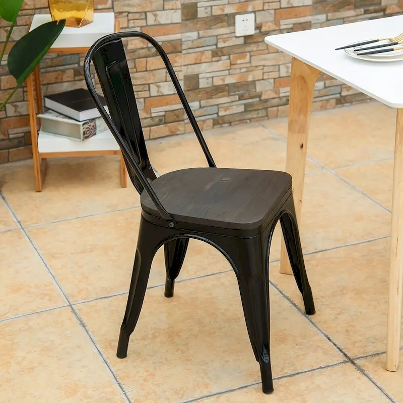 Stackable Bistro Cafe Dining Chair Metal Frame and Wood Seat - See Descriptions