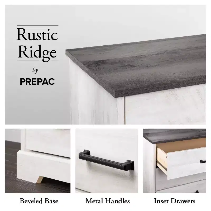 Prepac Rustic Ridge Farmhouse Nightstand with 2 Drawers and Open Cubby Washed White