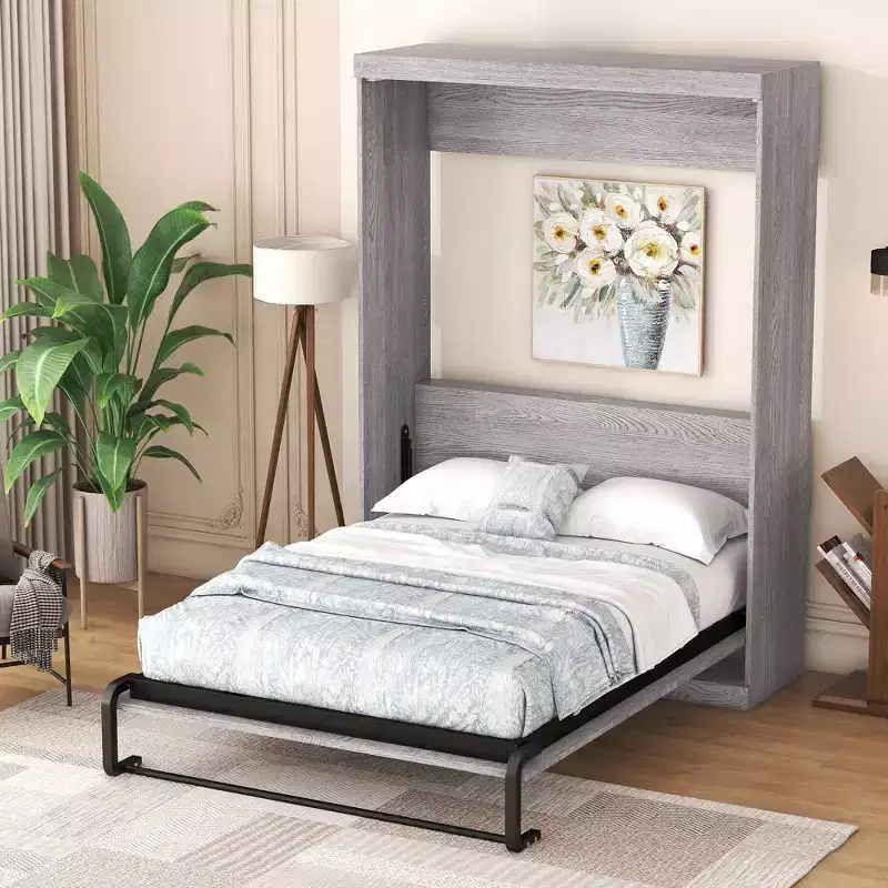 Full/Twin Size Murphy Bed Wall Bed, Wood Cabinet Bed, Gray