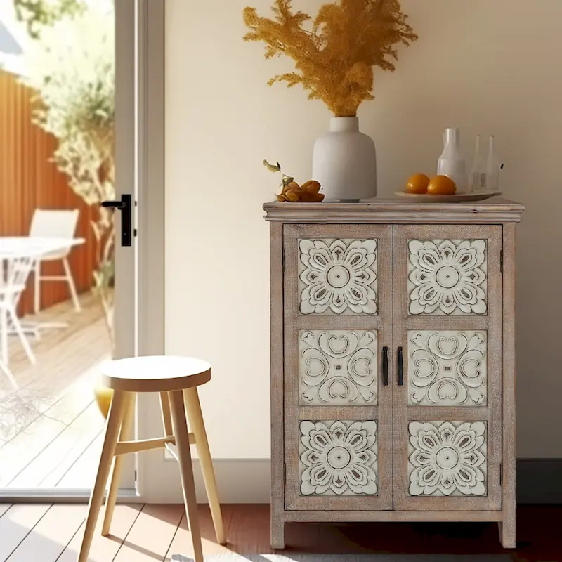 2-Door Wood Storage Cabinet with Metal Panel Doors – Distressed Brown, Farmhouse Style