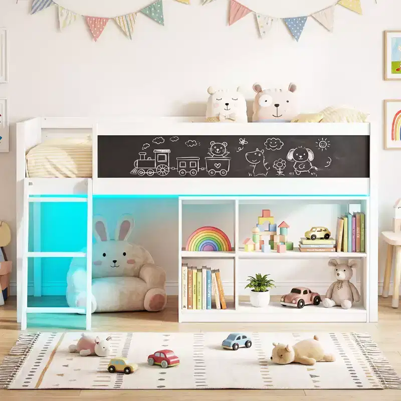 Costway Kids Loft Bed w/LED Lights Chalkboard & Removable Bookcase Safety Guardrail