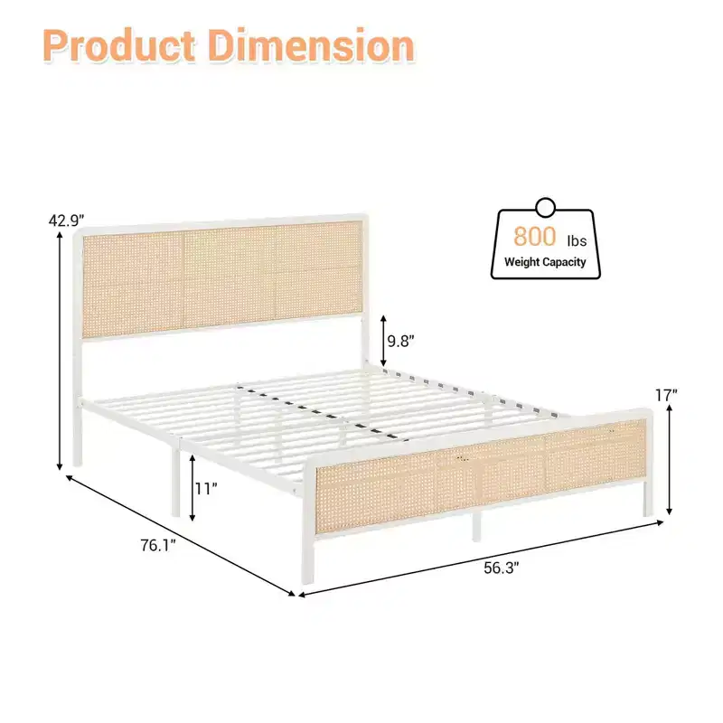 COZONY Rattan Platform Bed Frame with Illuminated Headboard, Boho Bed with Steel Slat Support and Ambient Lighting