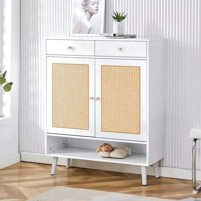 Storage rattan shoe cabinet with 2 drawers and bottom shelf, suitable for entryways, bedrooms, and living rooms.