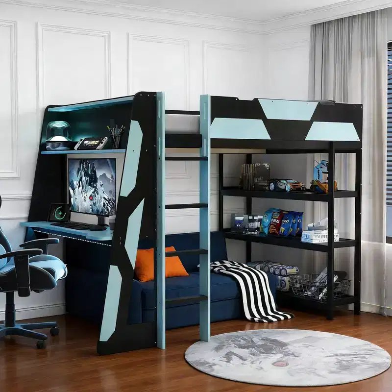 Luxystar Full Gaming Loft Bed with Desk, Storrage Shelves and Lights