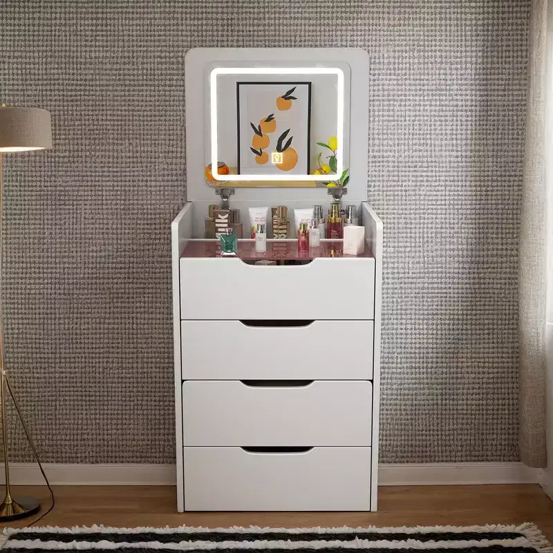 Okak 3-In-1 Vanity Table with Plip Top Mirror, Compact Vanity with Visible Glass Desktop and Cushioned Tool, Vanity Desk for Bedroom