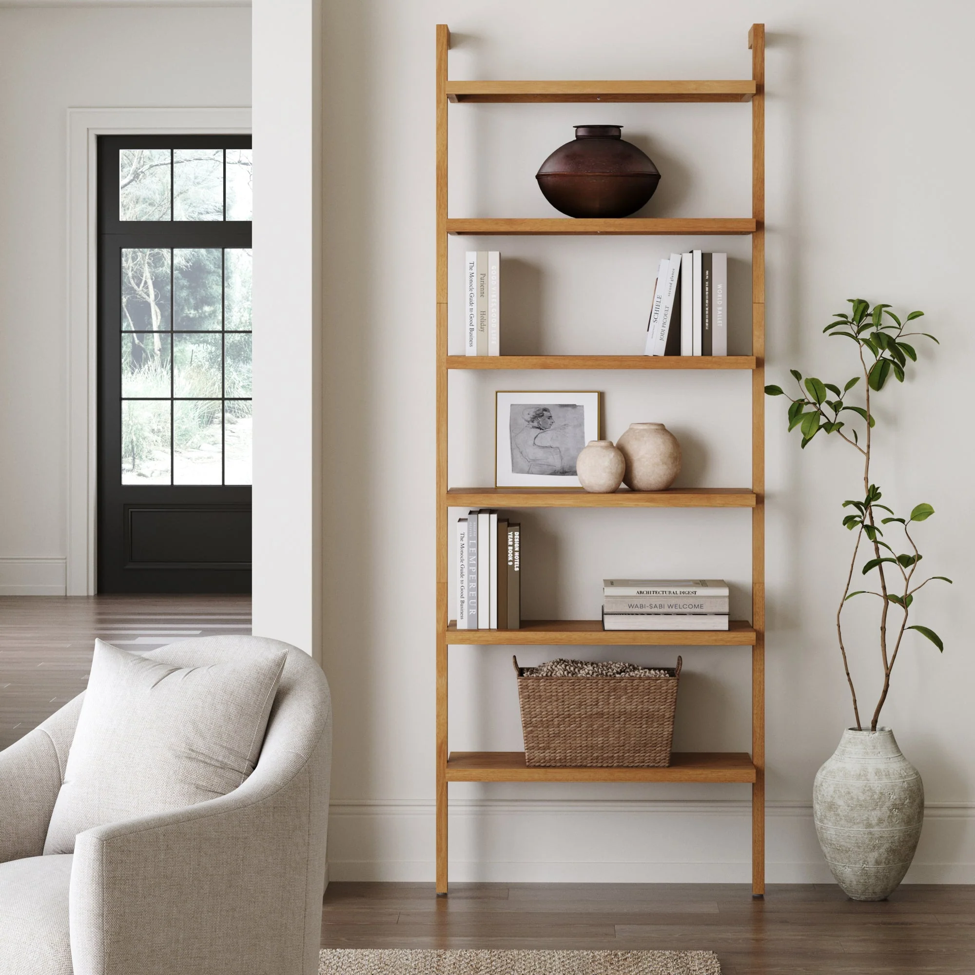 Modern 6-Shelf Wall Mounted Solid Wood Bookcase Warm Pine