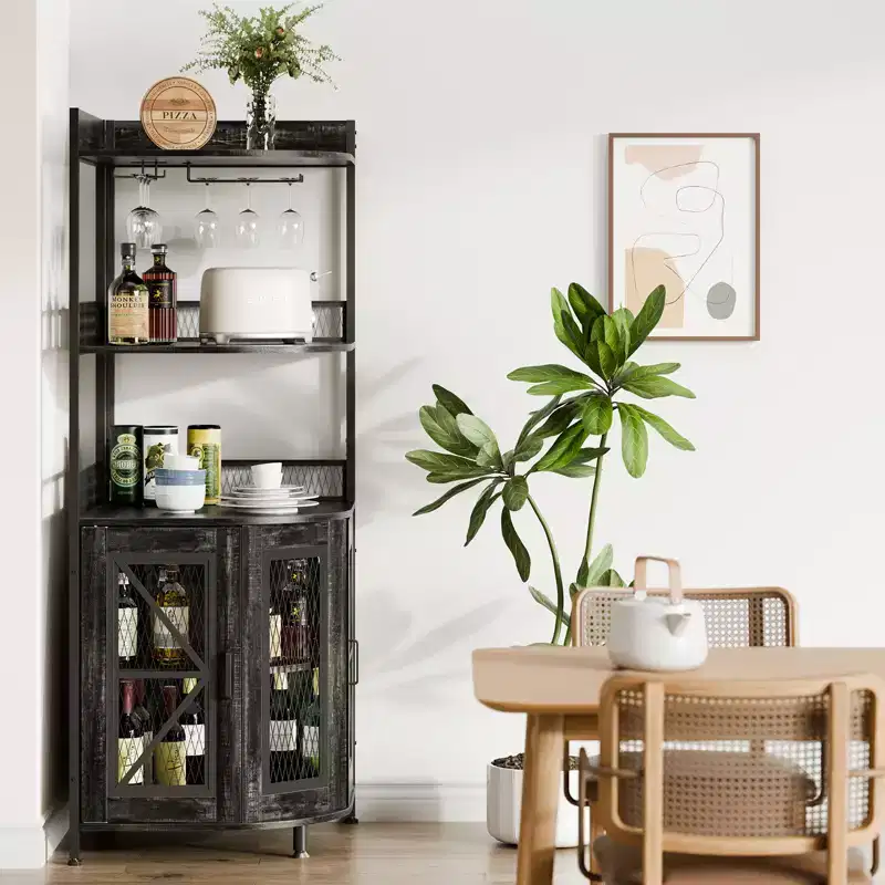 5-Tiers Corner Bar Cabinet with Power Outlet, Industrial Tall Wine Cabinet with LED Lights, Glass Holder, Storage, for Living Room/Kitchen