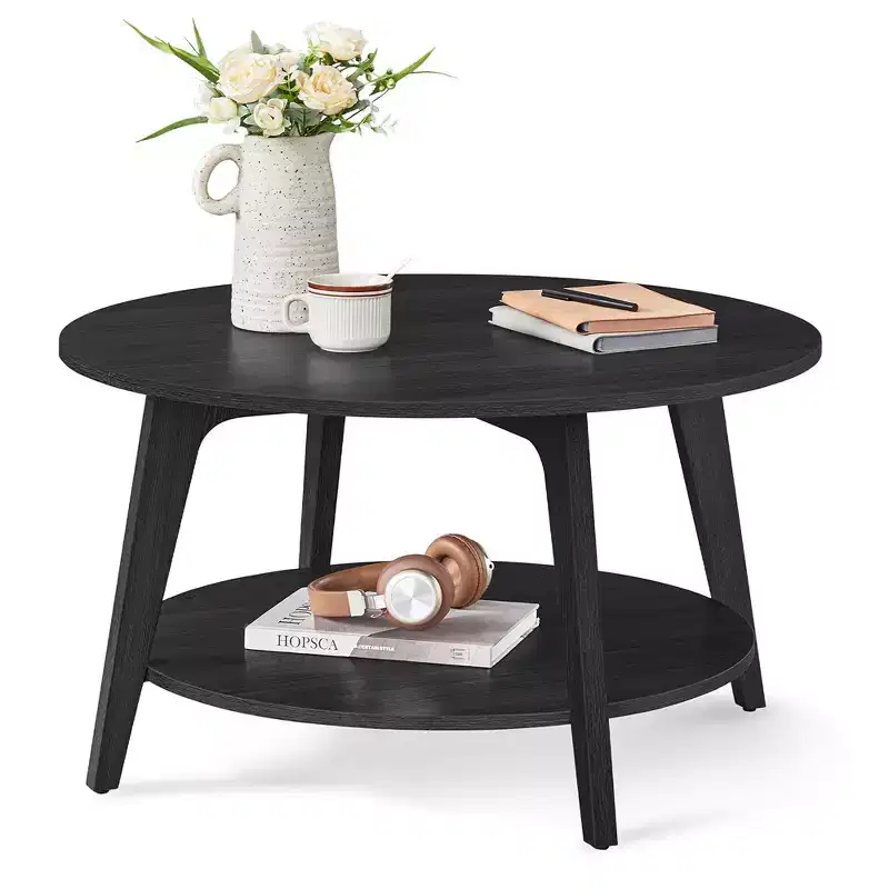 Round Coffee Table, 32''Circle Coffee Tables with 2-Tier Storage Shelf, Easy to Assemble for Living Room