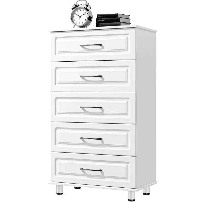 5 Drawer Dresser, White Tall Dresser for Bedroom, Closet Wood Storage with Steel Handles, White