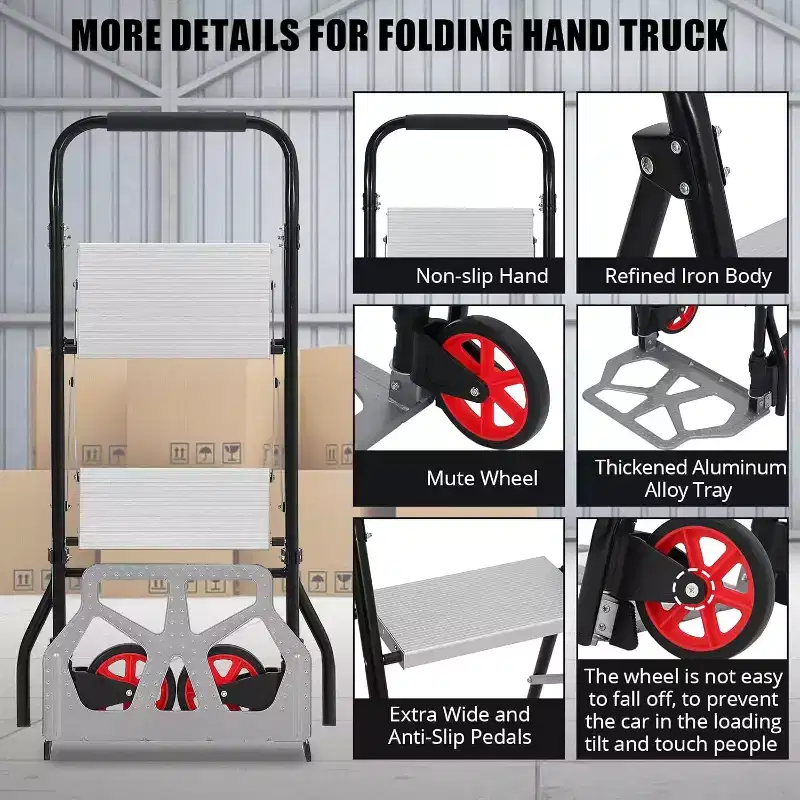 2-in-1 Aluminum Folding Hand Truck & 2-Step Ladder with Anti-Slip Pedals, 220 lbs Capacity