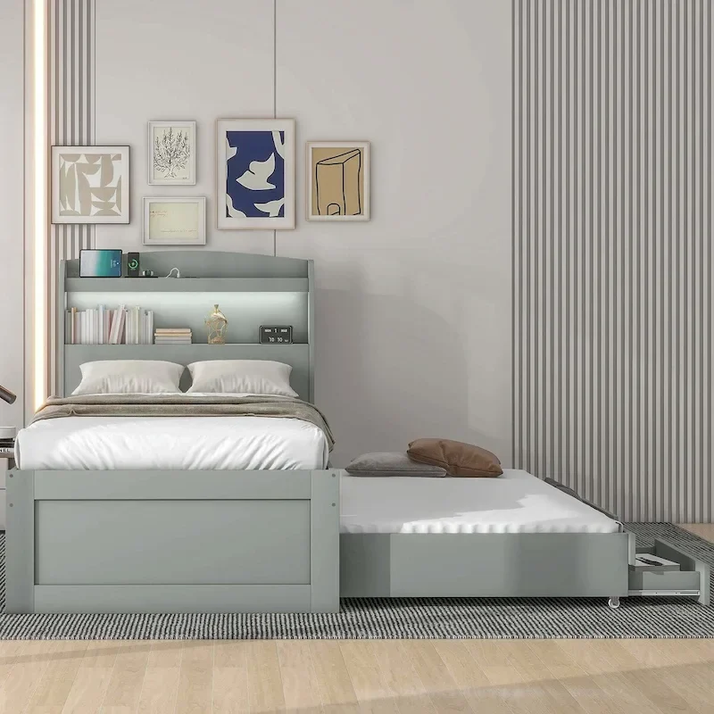Twin XL Size Platform Bed with LED Headboard and Twin Trundle