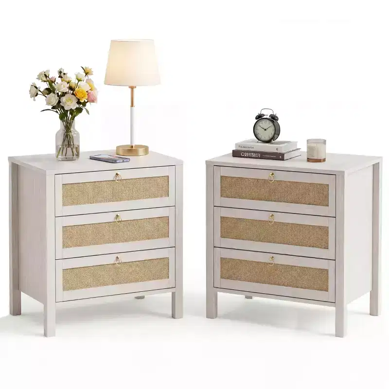 Set of 2 Rattan Nightstands, 3-Drawer Boho Wicker Bedside Tables with Golden Handles, Large Wood Side Tables for Bedroom & Living Room,White