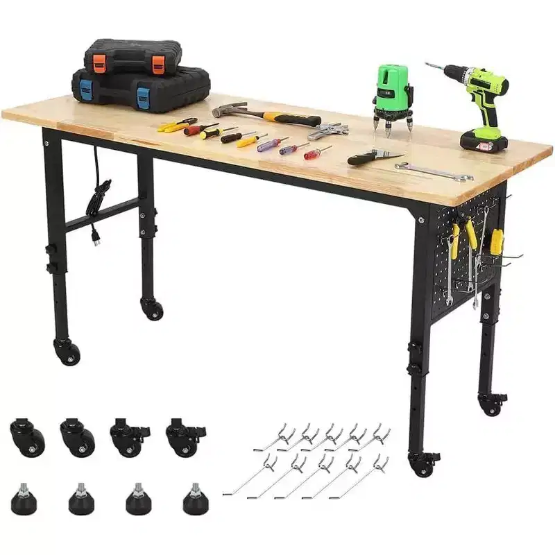 48x24 Heavy Duty Workbench, Rubber Wood Top, Pegboard, Power Outlet, Lockable Wheels, Adjustable Height, 2000lbs for Garage Workshop