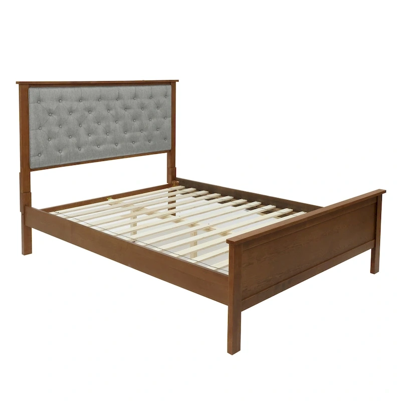 Gray Upholstered Queen Bed Headboard and Wood Footboard Set