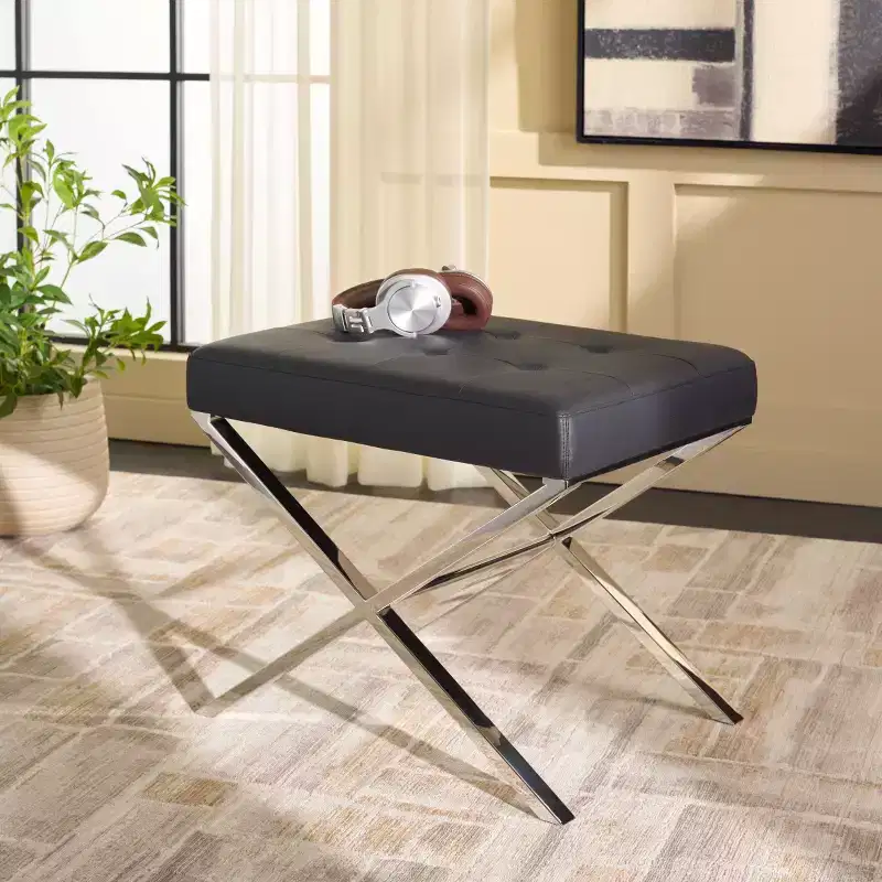 Modern Minimalist PU Leather Ottoman with Chrome Finish