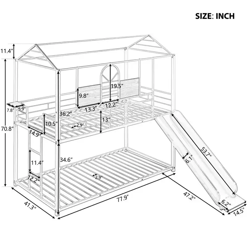 Twin Over Twin House Floor Bunk Bed with Slide, Ladder & Guardrails, White