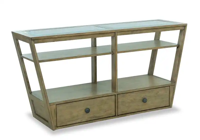 56 Traditional Glass Top Sofa Table with Storage and Shelf - Light Brown Wood