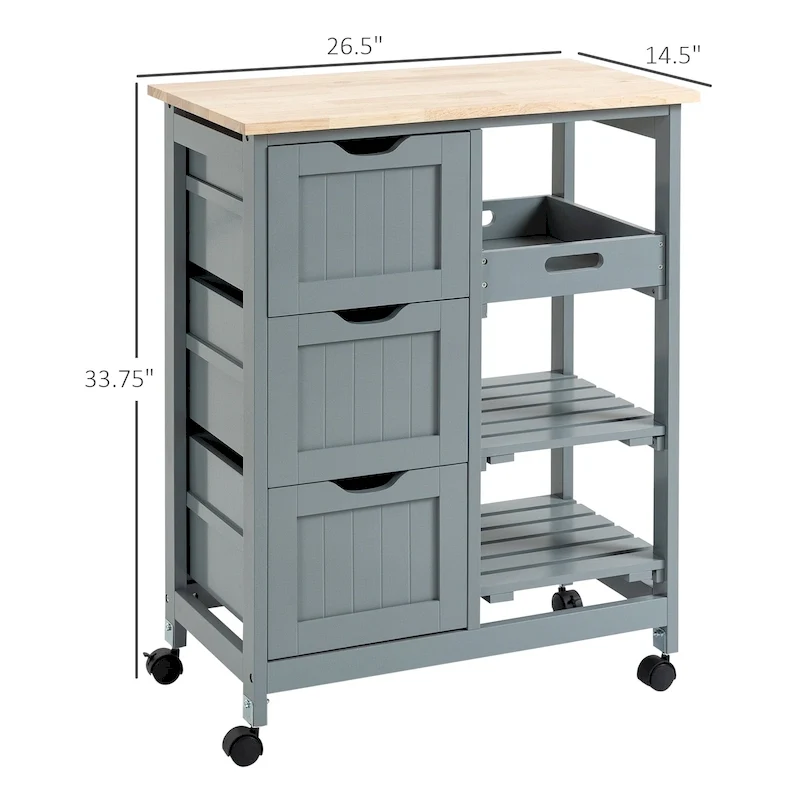 Rolling Kitchen Island Cart with Wood Top, Shelves and Drawers