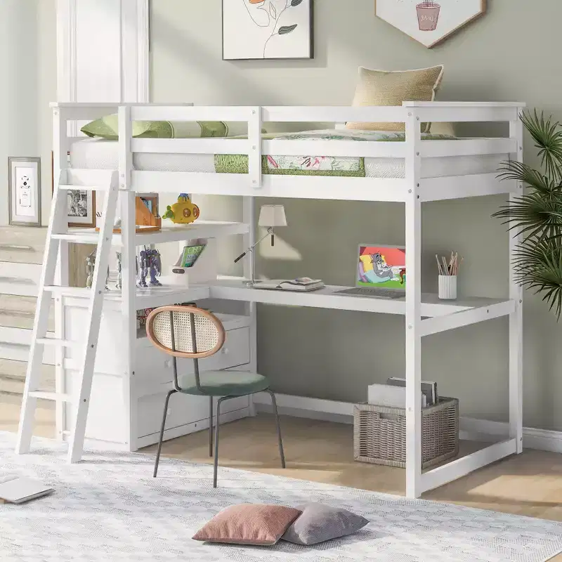 GDFStudio Garcia Wood Loft Bed with Desk and Shelves, Two Built-in Drawers