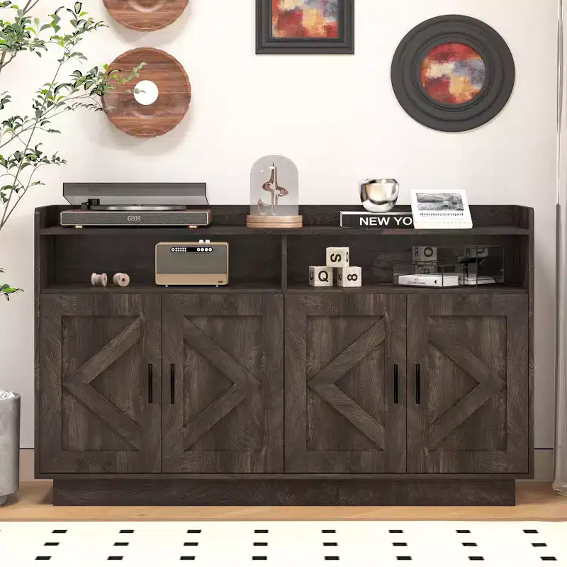 Okak Sideboard Cabinet, Bufft Cabinet with 4 Doors and 2 Drawers, Metal Handle, Storage Cabinet for Living Room, Dining Room, Kitchen