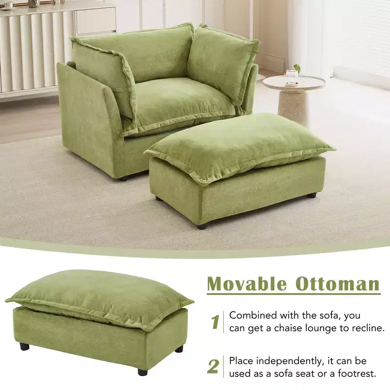 Chenille Armchair with Movable Ottoman, Wide Seat & Curved Armrests
