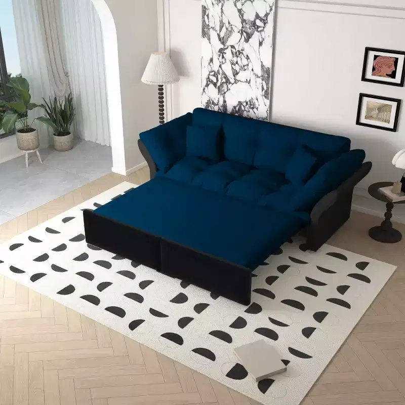 MAYEERTY 74.8 Queen Pull Out Sofa Bed, 3-in-1 Convertible Sleeper Tufted Sofa with 2 Soft Pillows Multifunctional Velvet Loveseat Bed Blue