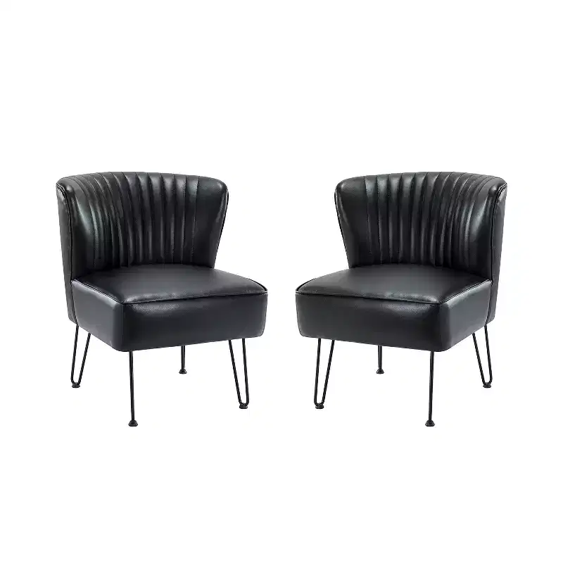 Set of 2 Eustacio Mid-back Tufted Faux Leather Accent Side Chair with Metal Base