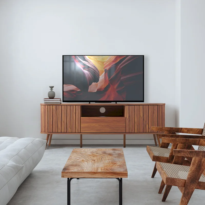 70 in. Farmhouse Curved TV Stand with Drawer and Storage Doors Fits TVs up to 75 in. with Cable Management
