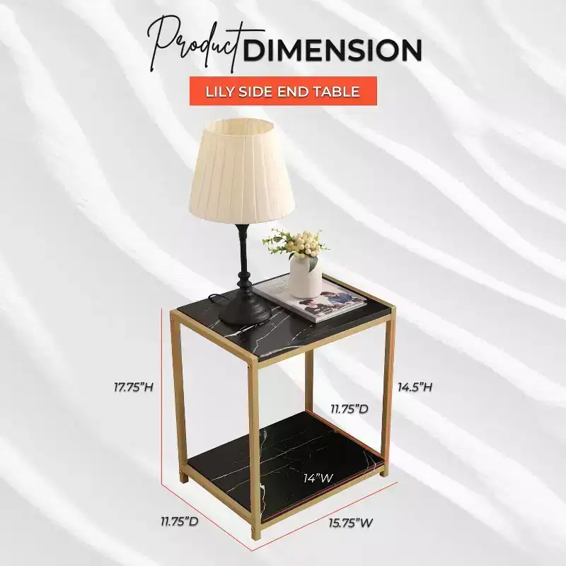 2-Tier Faux Marble Side End Table Gold Metal Frame Nightstand Bedroom Living Room
