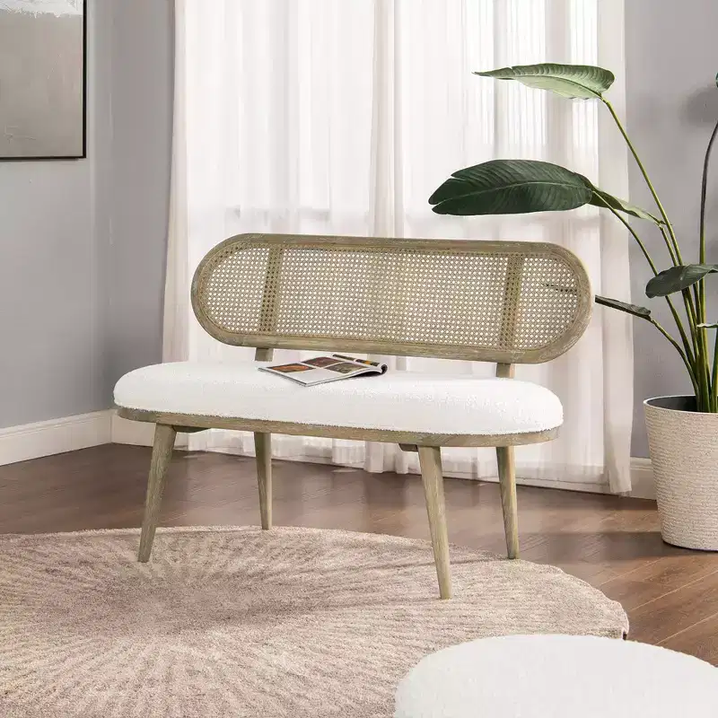 Havana 42 Cane Rattan Upholstered Bench Settee, Ivory White Boucle