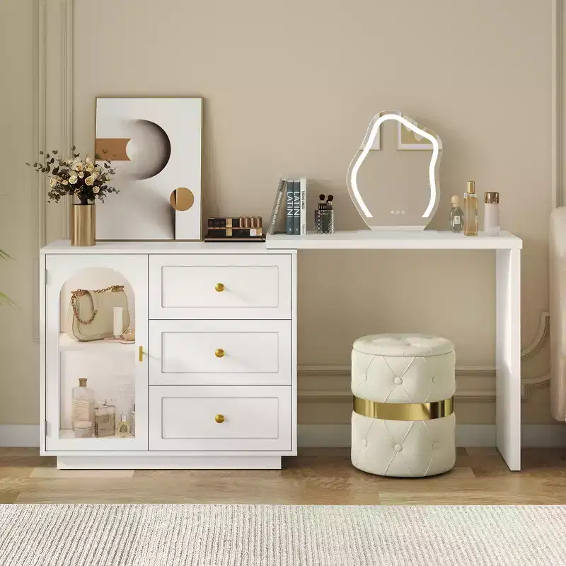 Heynemo Makeup Vanity Desk, Extendable Corner Vanity Makeup Table with 3 Drawers & 2 Doors, Modern Dressing Table for Bedroom